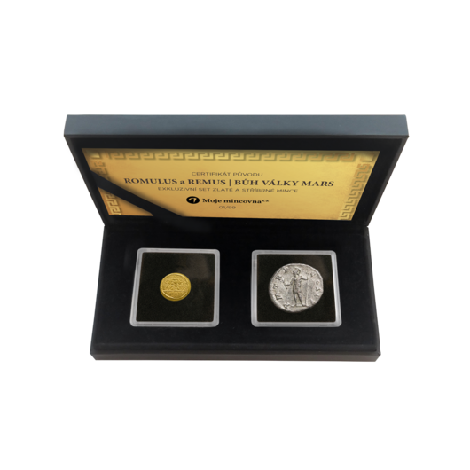Exkluzivní set - Zlatá mice Romulus & Remus a historická stříbrná mince Mars.